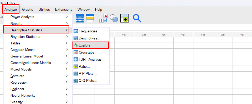 Menu Analyze > Descriptive Statistics > Explore di SPSS untuk uji normalitas data