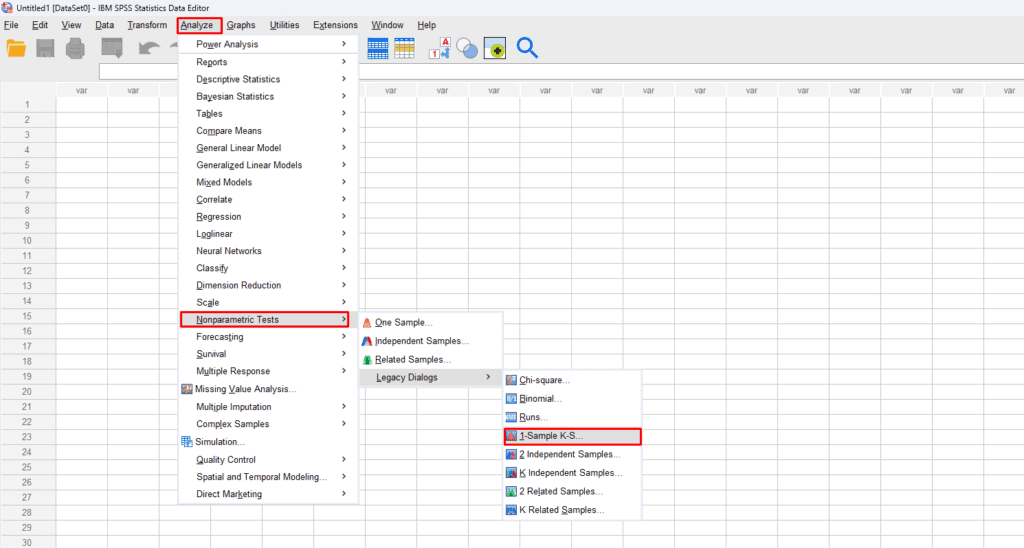 Menu Uji Normalitas Kolmogorov–Smirnov di SPSS